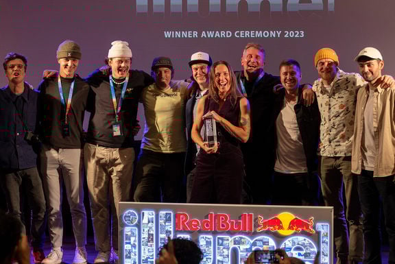 Picture of the Red Bull Illume Winners on stage at the last award ceremony in Sölden in 2023 with founder Ulrich Grill.