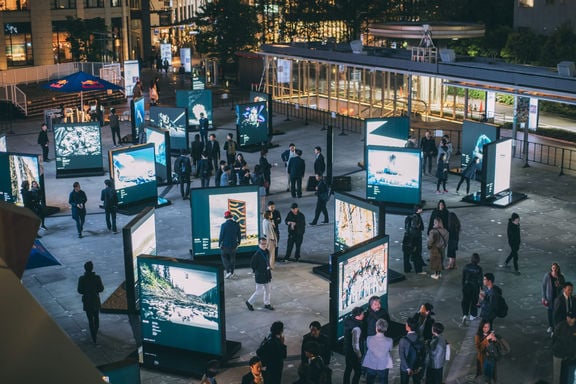 Picture showing the Red Bull Illume Exhibition in Tokyo, Japan in 2018, that shows the best photos of the contest. 