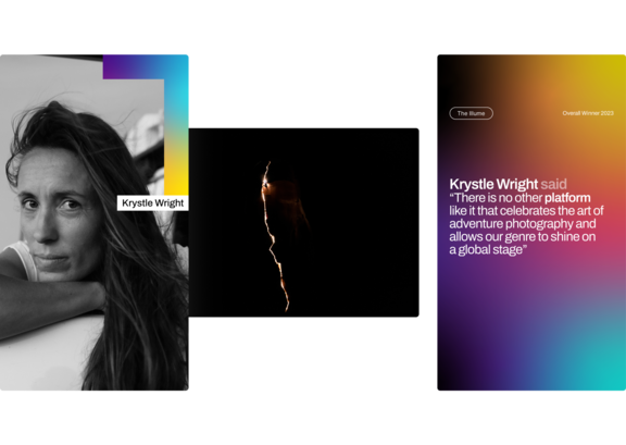 Portrait of Krystle wright, her winning image of the Red Bull Illume Image Quest 2023 and her quote about the award stating: There is no other platform like it that celebrates the art of adventure photography and allows our genre to shine on a global stage.